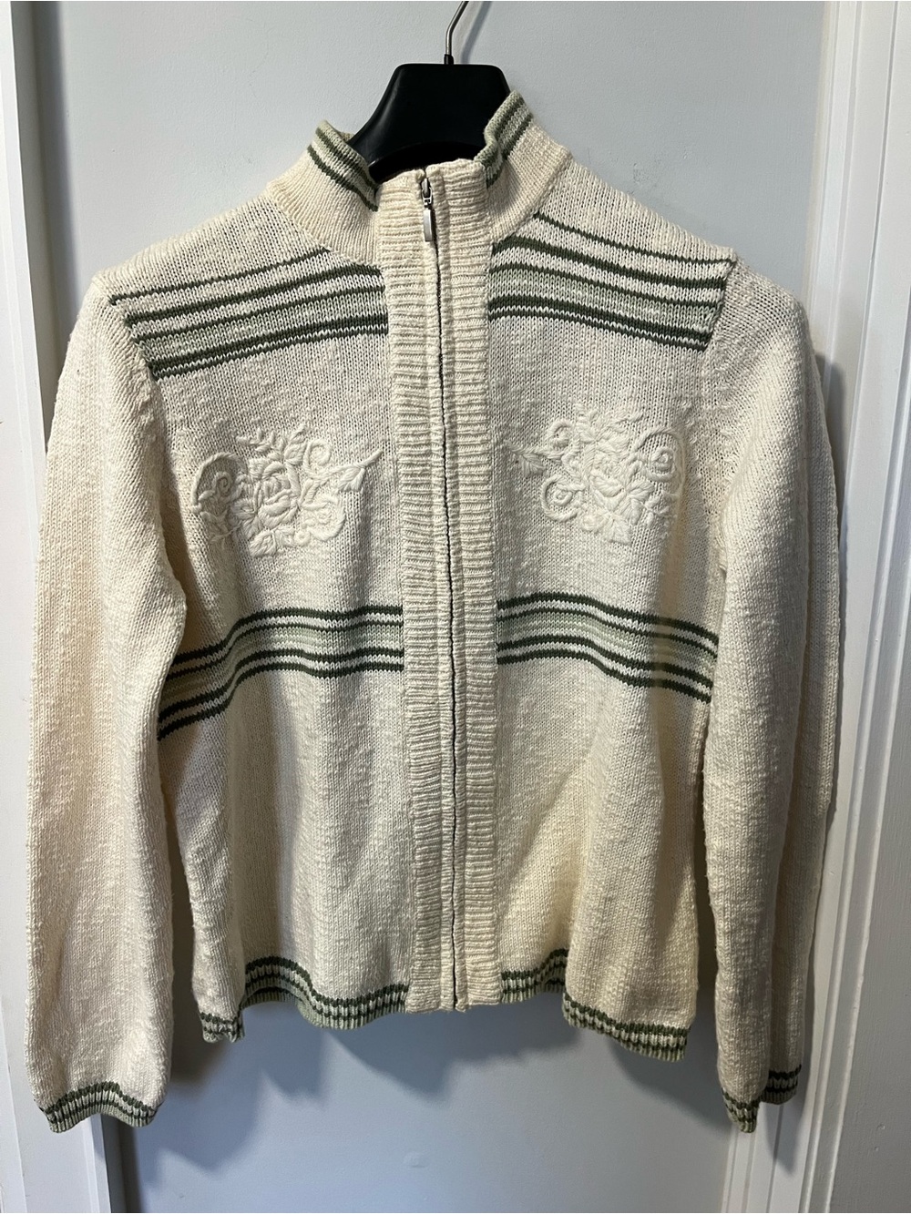 Northern Reflections Cream Zip Cardigan with Olive Stripes Medium